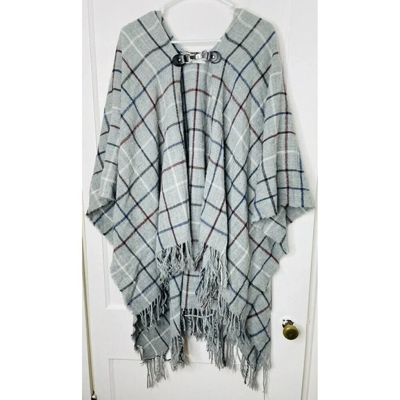 Charter Club Sweaters - Charter Club Womens Knit Poncho One Size OS Gray Plaid Fringe Buckle Relaxed